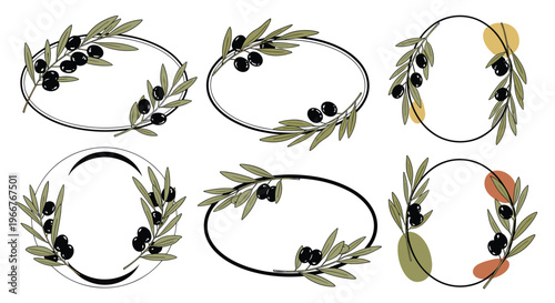 Collection of elegant oval frames decorated with olive branches and black olives for mediterranean food branding and skincare products.