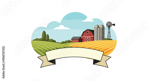 Picturesque farm landscape illustration with a red barn, silos, and a windmill under a clear blue sky for agricultural brand labels.