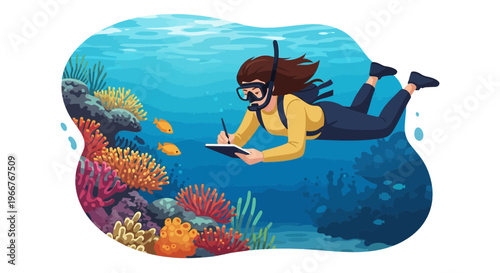 Marine biologist diver meticulously records observations of vibrant coral reef ecosystem underwater