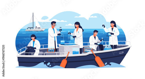 Diverse team of scientists conducting experiments aboard a research vessel at sea