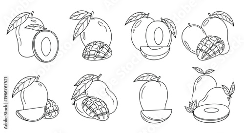 Detailed line art collection of mango fruit showing whole pieces, halved sections, and diced cubes with leaves for coloring books.