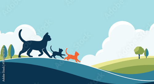 Silhouette of a mother cat walking with two small kittens along a rolling green hill under a bright blue sky with fluffy white clouds.