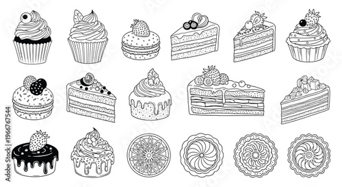 Large set of various dessert illustrations including cupcakes, macarons, cake slices, and tarts with fruit toppings in line art.