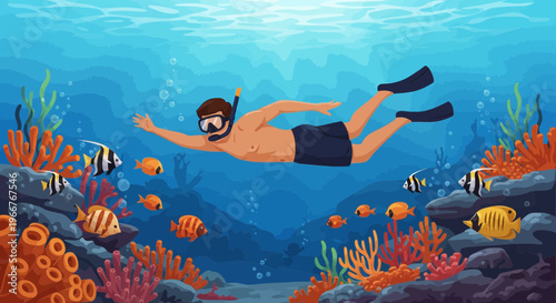 Man snorkeling underwater, observing vibrant coral reef and fish in clear blue ocean waters