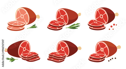 Set of raw ham or meat shank slices with bone served with rosemary sprigs and peppercorns for butchery or steakhouse menu.