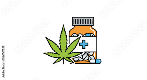 Medical cannabis pill bottle with blue and white capsules next to a green marijuana leaf for pharmaceutical and healthcare design.