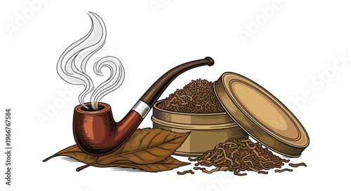 Classic wooden smoking pipe with white smoke swirls next to a tin of loose tobacco and dried tobacco leaves in a vintage style.