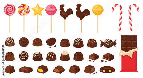Assortment of colorful sweets including lollipops, candy canes, chocolate truffles, and a partially unwrapped milk chocolate bar.