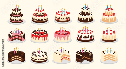 Assorted delicious birthday cakes with colorful lit candles and creamy frosting decorations set on a clean background for celebration designs.