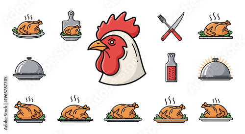 Icons and graphics related to poultry and roasted chicken featuring a rooster head, whole cooked birds, and kitchen utensils.