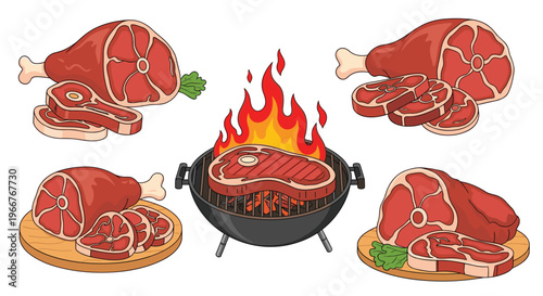 Assorted raw meat cuts and a t-bone steak grilling over an open charcoal fire for barbecue party concepts and restaurant menu graphics.