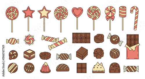 Large set of colorful candy icons including lollipops, chocolates, and sugar treats for confectionery branding and sweet shop decorations.
