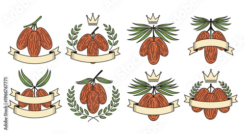 Collection of premium date fruit labels and badges featuring palm leaves and royal crowns for high quality food product branding.