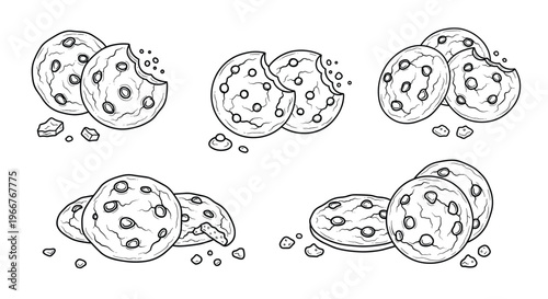 Simple line drawings of delicious chocolate chip cookies with some pieces bitten for bakery branding and sweet snack food illustrations.