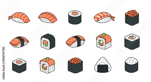 Comprehensive set of sushi icons featuring various nigiri, maki rolls, and onigiri for japanese restaurant menus and food delivery apps.