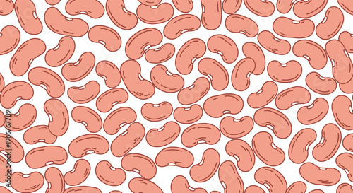 Seamless pattern of healthy pink kidney beans on a white background for vegetarian food packaging and agricultural texture designs.