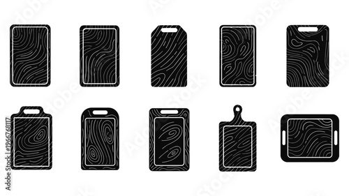 Collection of various black cutting board icons.