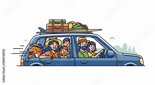 A cheerful family and their dog embark on a road trip in a loaded car