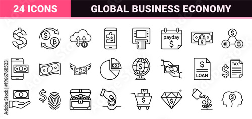 FinTech and Global Economy Minimalist Monoline Line Art for Banking, Currency Exchange, and Digital Investment Applications