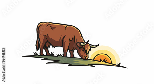 A brown bull grazes on a grassy mound near a setting sun