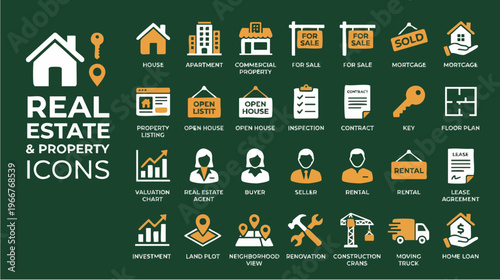 Real Estate Icons Display, Property Management, Business Environment, Graphic Design, Visual Overview, Digital Assets, Conceptual Art