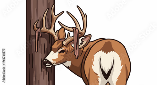 A brown deer with impressive antlers stands next to a tree