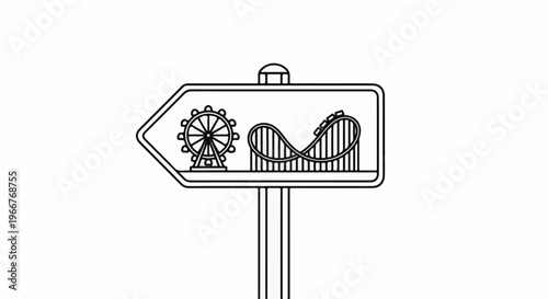 A cartoon signpost indicates directions to a roller coaster and Ferris wheel