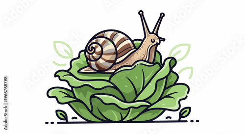 A cartoon snail with a patterned shell rests on a vibrant green lettuce