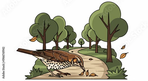 A bird pecks at fallen leaves on a park path lined with trees