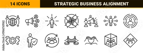 Stakeholder Engagement and Corporate Collaboration minimalist Monoline Icon Set featuring Geometric Line Art for Business Strategy