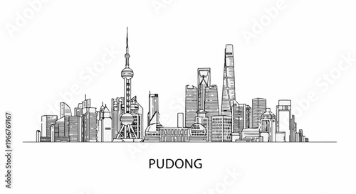 A black and white line drawing of a sprawling city skyline with tall skyscrapers