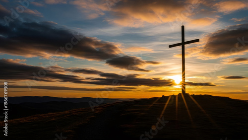 Christian cross silhouette against vibrant sunset sky, capturing the radiant sun's rays illuminating landscape. jesus easter resurrection concept. Good Friday. Religion, Bible, Christianity and faith