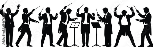 orchestra, conductor, silhouette, music, performance, symphony, band, maestro, baton, concert, classical, musicians, direction, harmony, ensemble, stage, rhythm, art, entertainment, flat