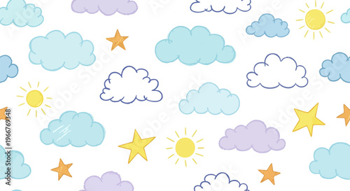 Hand drawn clouds seamless pattern, cute sky background with sun and stars, pastel nursery wallpaper vector, whimsical weather illustration for kids