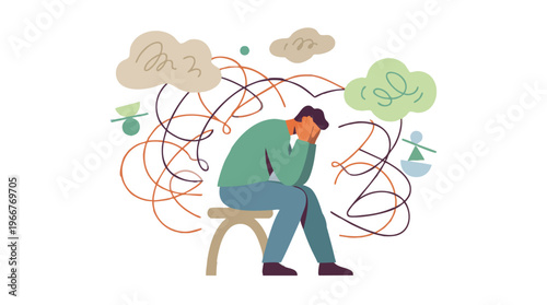 A man sits on a stool surrounded by swirling lines and thought bubbles.