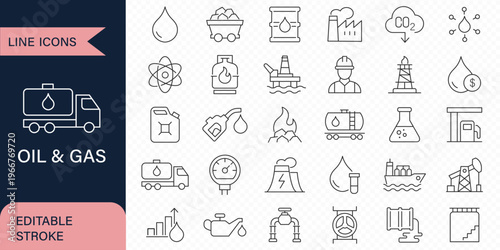 Oil and Gas web icons in line style. Fuel, gas station, refinery, petroleum, oil well, gas pump, energy, barrel, industry, transportation, collection. Vector illustration