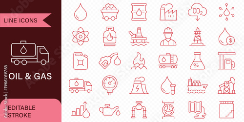 Oil and Gas web icons in line style. Fuel, gas station, refinery, petroleum, oil well, gas pump, energy, barrel, industry, transportation, collection. Vector illustration.