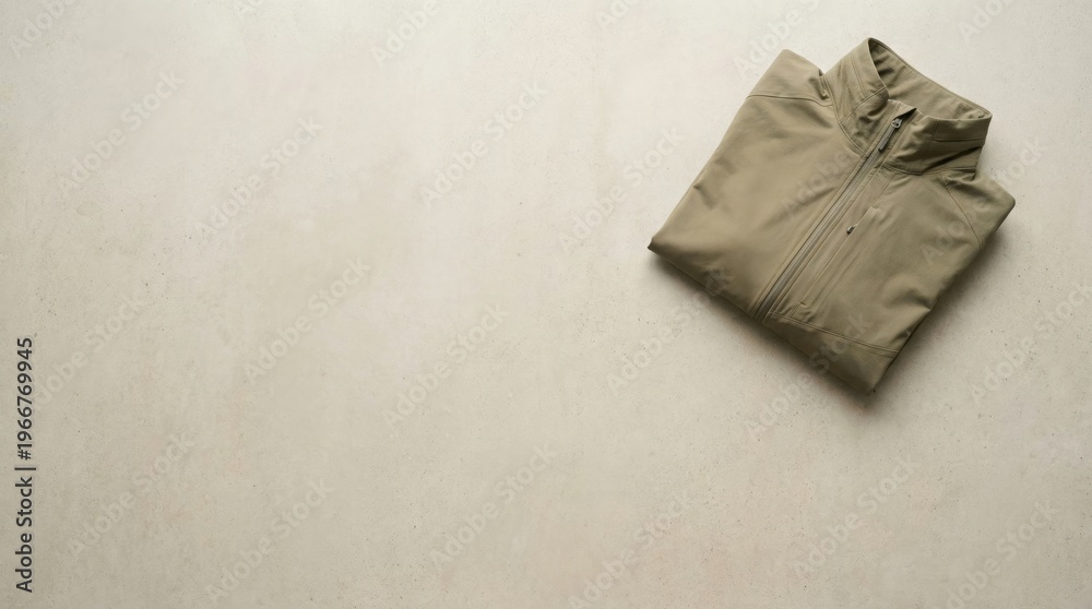 Fototapeta premium A neatly folded khaki-colored jacket resting on a light beige surface, viewed from an overhead perspective.