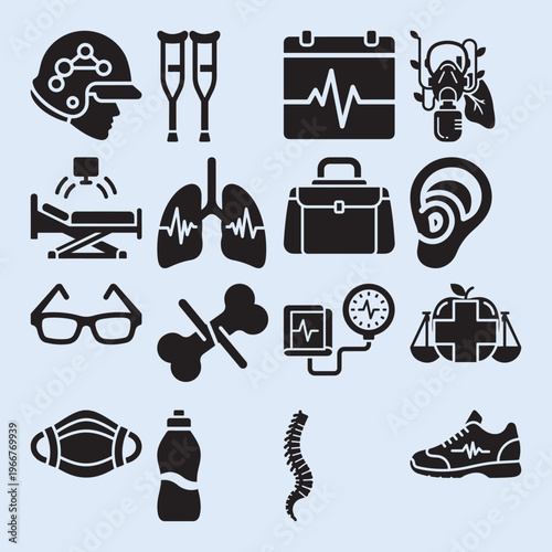 Medical icons set with healthcare symbols and equipment art.
