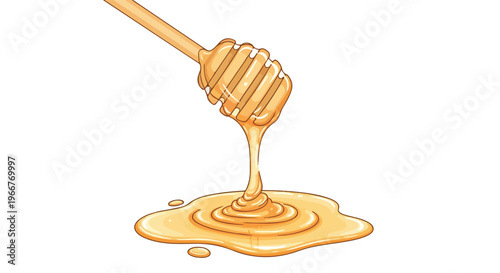 Golden honey dipper vector illustration with dripping liquid nectar. Sweet organic honey flowing from a wooden stick. Natural syrup puddle on white background.