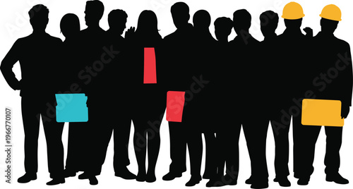 Group of business people and construction workers silhouettes with briefcases and helmets, teamwork and workforce diversity concept illustration isolated on white background
