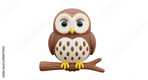 Cute 3D Cartoon Owl Perched on a Branch