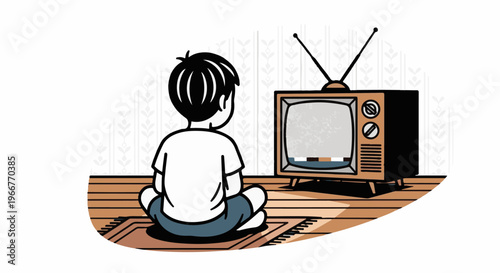 A child sits cross-legged on a rug, watching a vintage television with antennae