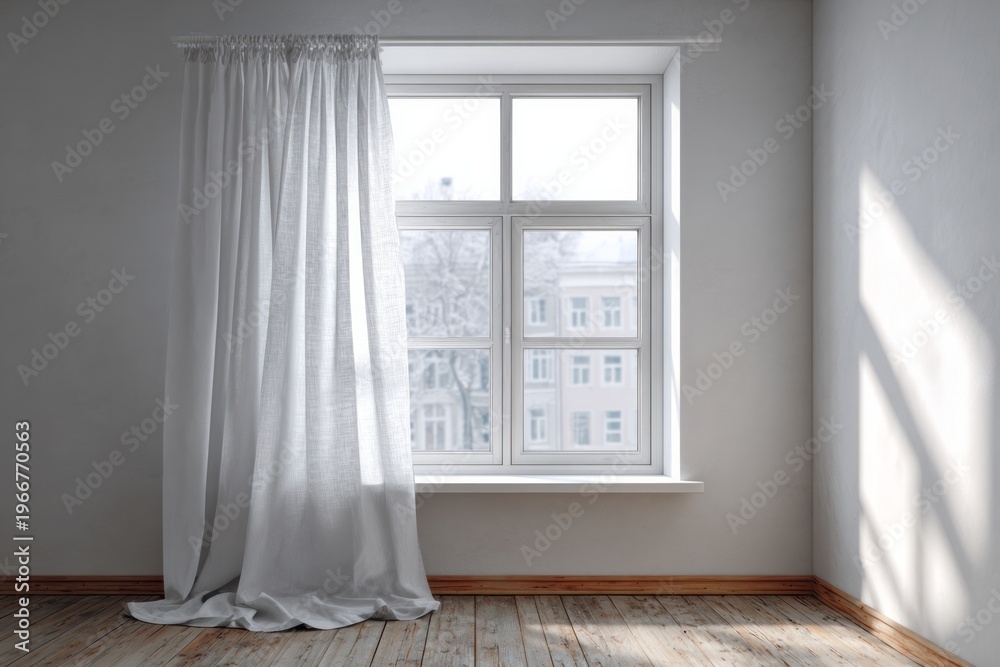 Fototapeta premium Light streams through a window with white curtains onto a wooden floor.