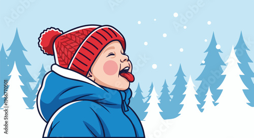 A child wearing a blue winter coat and red hat catches snowflakes on their tongue