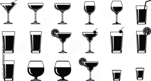 Cocktail glass silhouettes set, bar drink collection with wine, margarita and beverage icons, black vector illustration isolated on white background