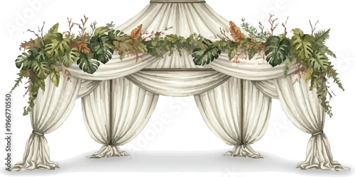 Elegant wedding tent with tropical floral greenery, luxury event marquee with white fabric drapery, botanical garden party pavilion vector
