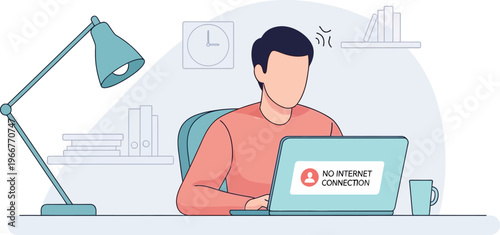Frustrated man with no internet connection on laptop, stressed office worker at desk with technical error, flat vector illustration of network failure