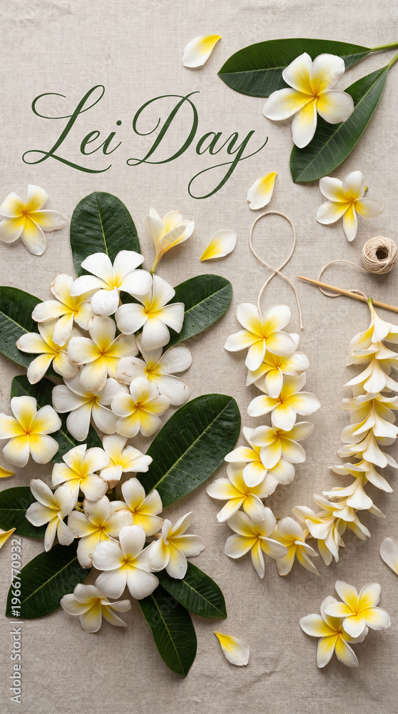 Obraz premium Fragrant plumeria petals and verdant leaves create a stunning display, signaling the cherished observance of Hawaii's Lei Day