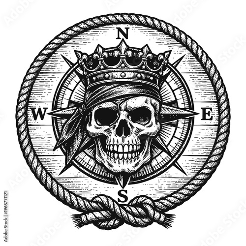 Majestic Pirate Skull Compass Rose Emblem in Intricate Woodcut Style, Featuring a Royal Crown and Eye Patch, Encased by a Detailed Nautical Rope Frame with a Classic Knot. A Vintage Engraving for Mari